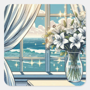 Pretty Ocean View and Vase of Flowers  Square Sticker