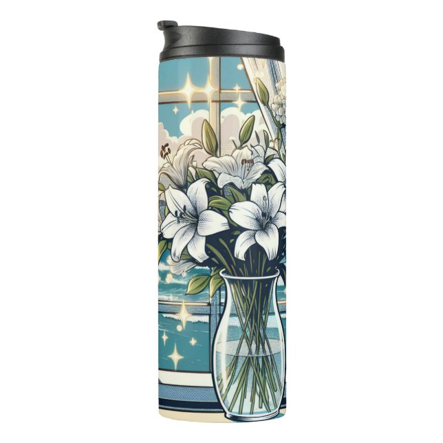 Pretty Ocean View and Vase of Flowers  Thermal Tumbler (Rotated Right)