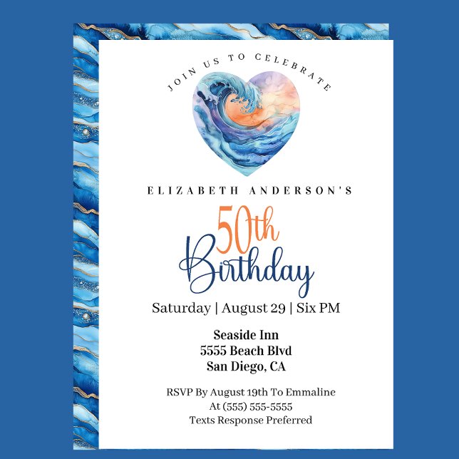Pretty Ocean Wave Heart 50th Birthday Invitation (Creator Uploaded)