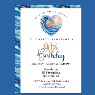 Pretty Ocean Wave Heart 90th Birthday Invitation