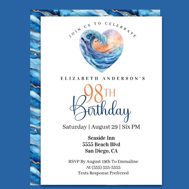 Pretty Ocean Wave Heart 98th Birthday Invitation (Creator Uploaded)