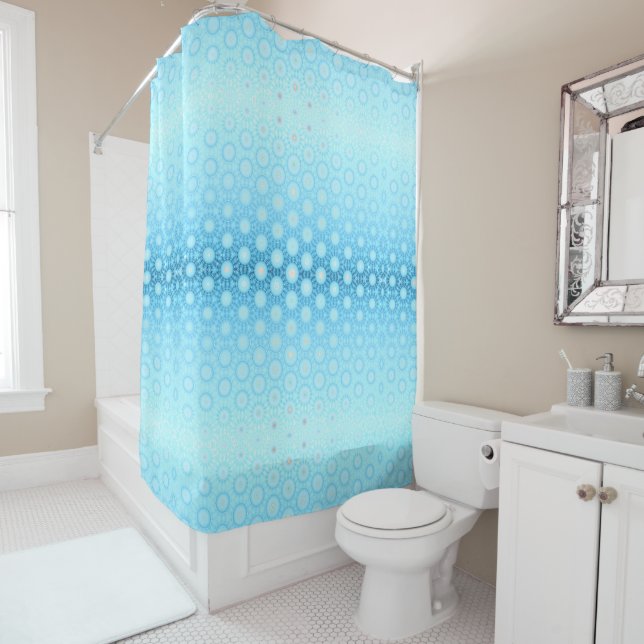 Pretty Ombre Blue and Peach Geometric Duvet Cover Shower Curtain (In Situ)