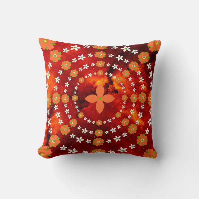 Pretty Orange and Green Garden Flowers Christmas Cushion (Front)