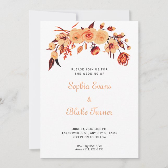 Pretty Orange Bohemian Floral White Wedding Invitation (Front)