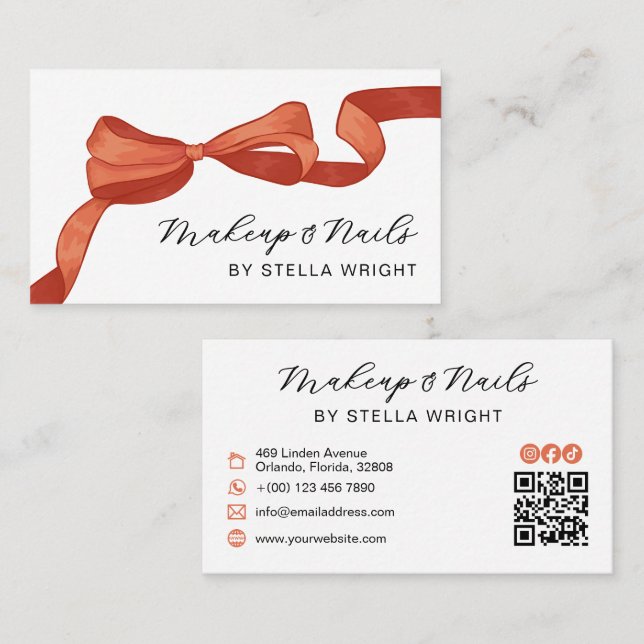Pretty Orange Bow Beauty QR Code Business Card (Front/Back)