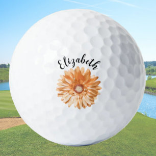 Pretty orange daisy flower custom name ladies golf balls