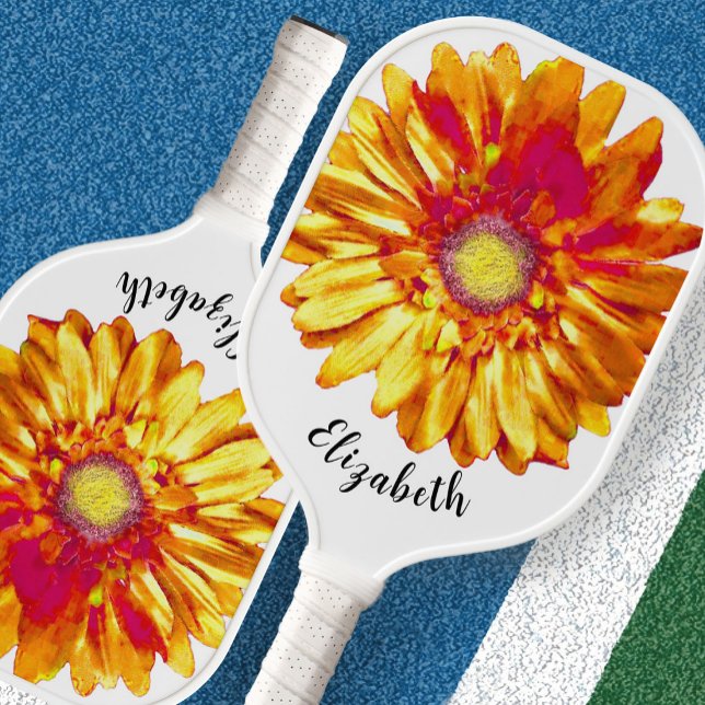 Pretty orange daisy flower custom name womens pickleball paddle (Creator Uploaded)