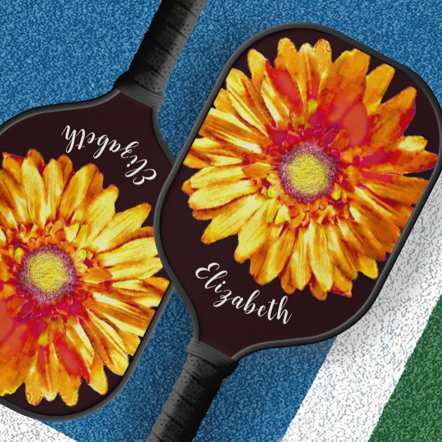 Pretty orange daisy flower custom name womens pickleball paddle (Creator Uploaded)