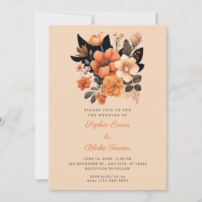 Pretty Orange Floral Bouquet Fall Beige Wedding Invitation (Front)