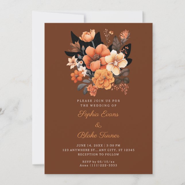 Pretty Orange Floral Bouquet Fall Brown Wedding Invitation (Front)