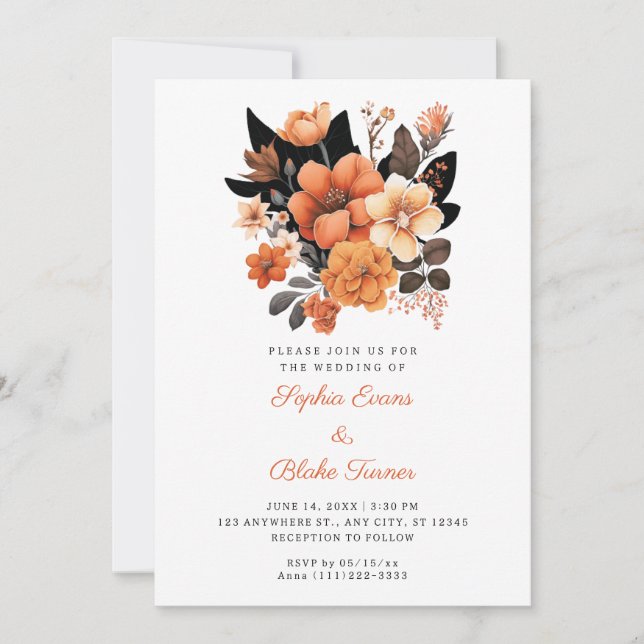 Pretty Orange Floral Bouquet Fall White Wedding Invitation (Front)