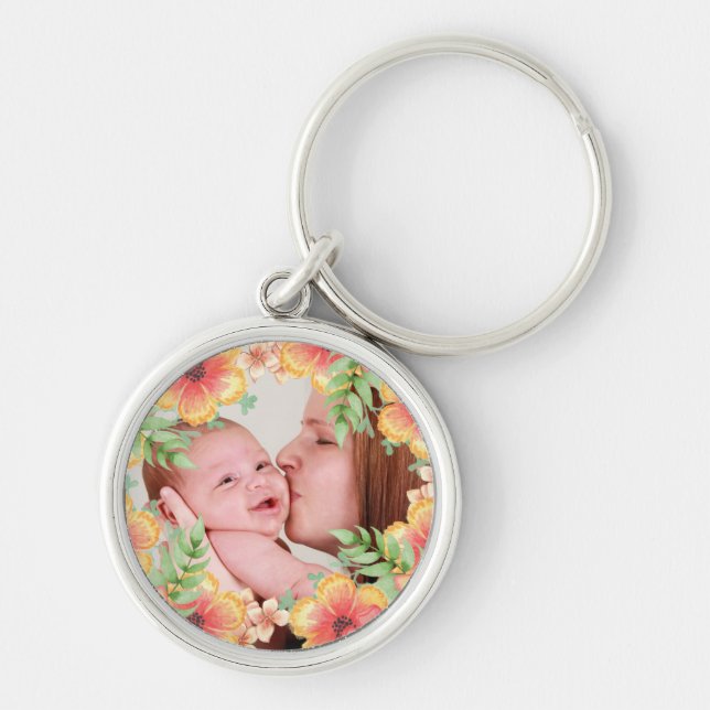 Pretty Orange Floral Custom Photo Key Ring (Front)