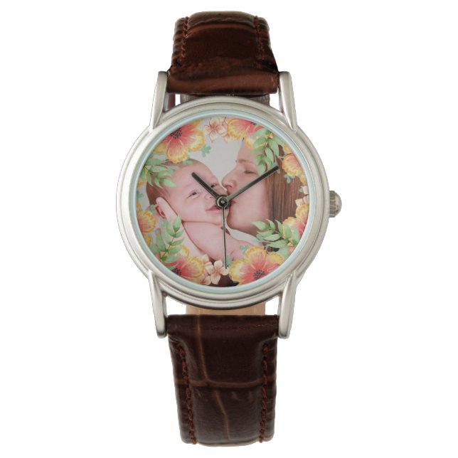Pretty Orange Floral Custom Photo Watch (Front)