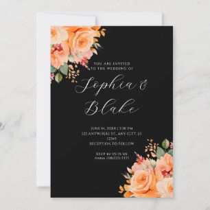 Pretty Orange Floral Elegant Black Wedding Invitation