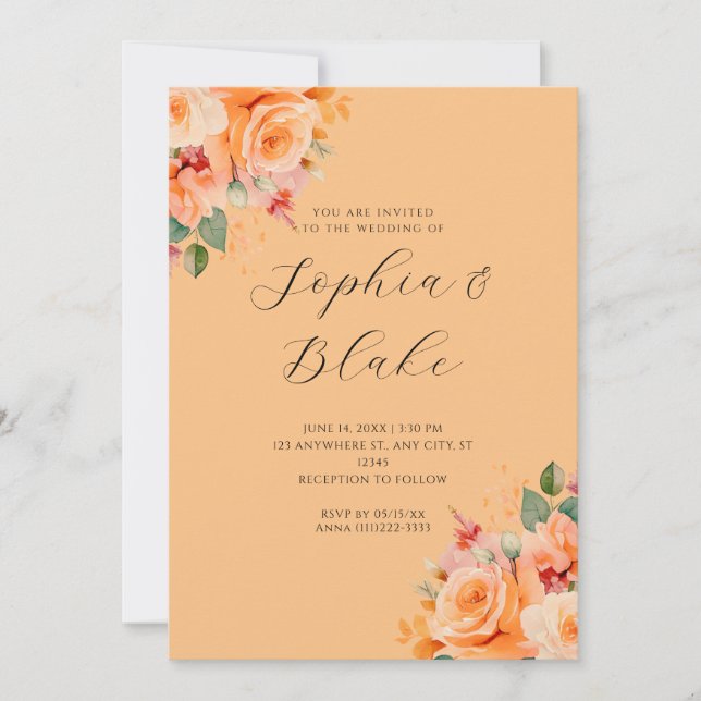 Pretty Orange Floral Elegant Orange Wedding Invitation (Front)