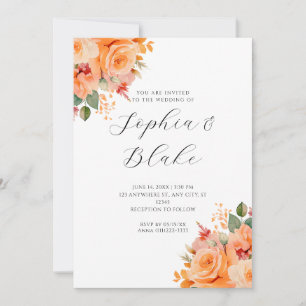 Pretty Orange Floral Elegant White Wedding Invitation