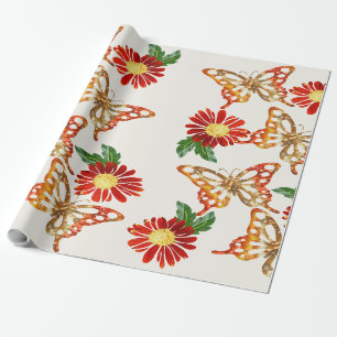 Pretty Orange flowers and butterflies Wrapping Paper