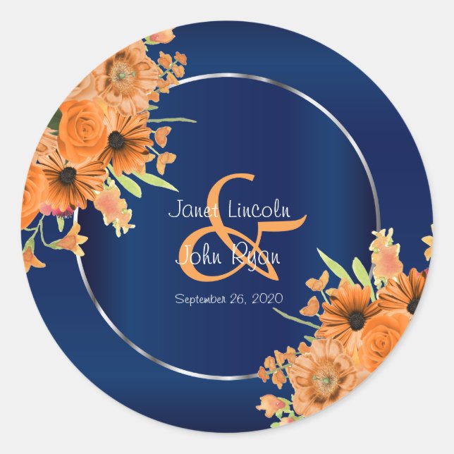 Pretty Orange Flowers on Navy Blue Classic Round Sticker (Front)