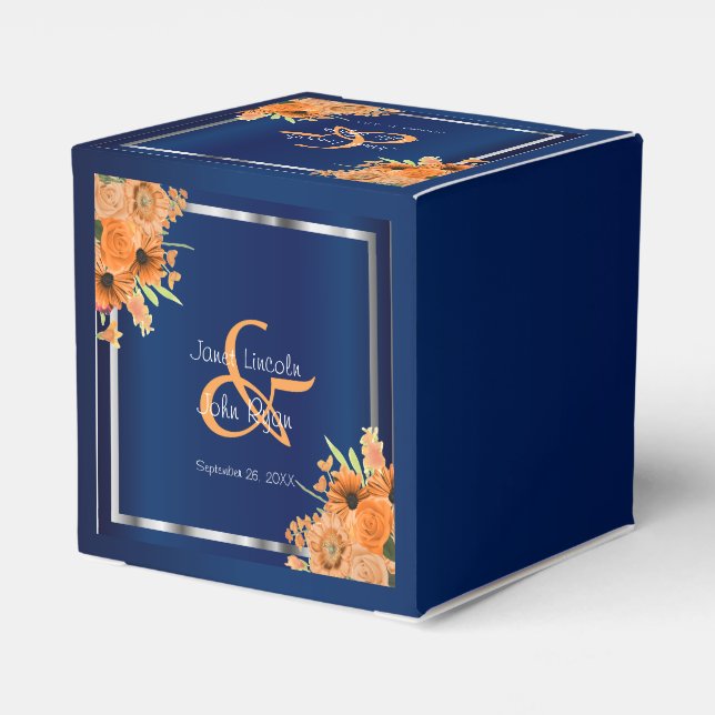 Pretty Orange Flowers on Navy Blue Favour Box (Back Side)