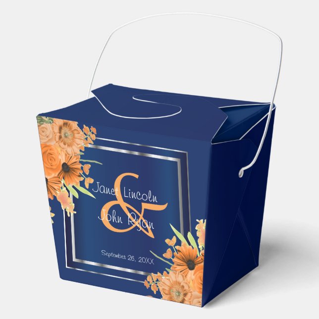 Pretty Orange Flowers on Navy Blue Favour Box (Front)