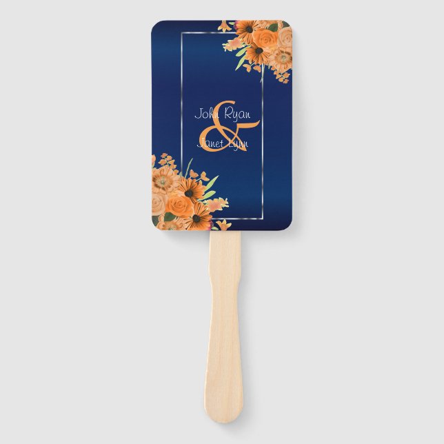 Pretty Orange Flowers on Navy Blue Hand Fan (Front)