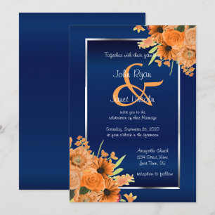 Pretty Orange Flowers on Navy Blue Invitations
