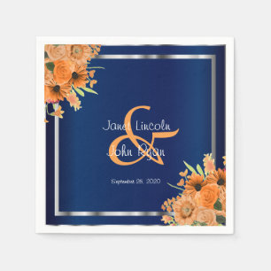 Pretty Orange Flowers on Navy Blue Napkin