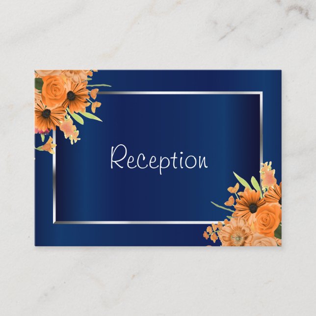 Pretty Orange Flowers on Navy Blue  - Reception Enclosure Card (Front)
