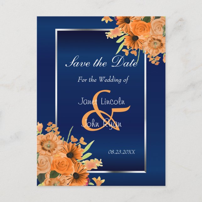 Pretty Orange Flowers on Navy Blue- Save The Date Announcement Postcard (Front)