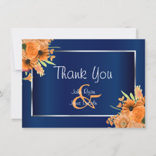 Pretty Orange Flowers on Navy Blue  - Thank You Card