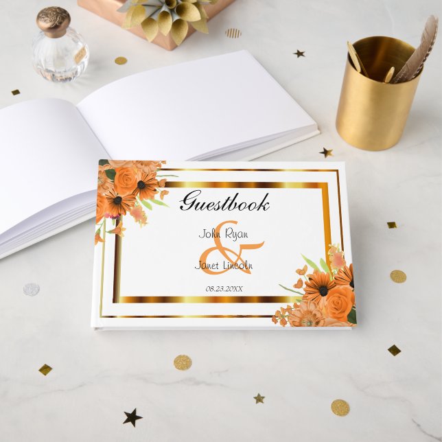 Pretty Orange Flowers on White - Guestbook (Front Open)