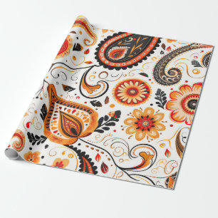 Pretty Orange Green Mix Floral Paisley Pattern Wrapping Paper