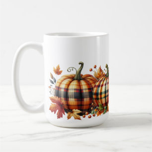 PRETTY ORANGE & GREEN PLAID FALL PUMPKINS COFFEE MUG