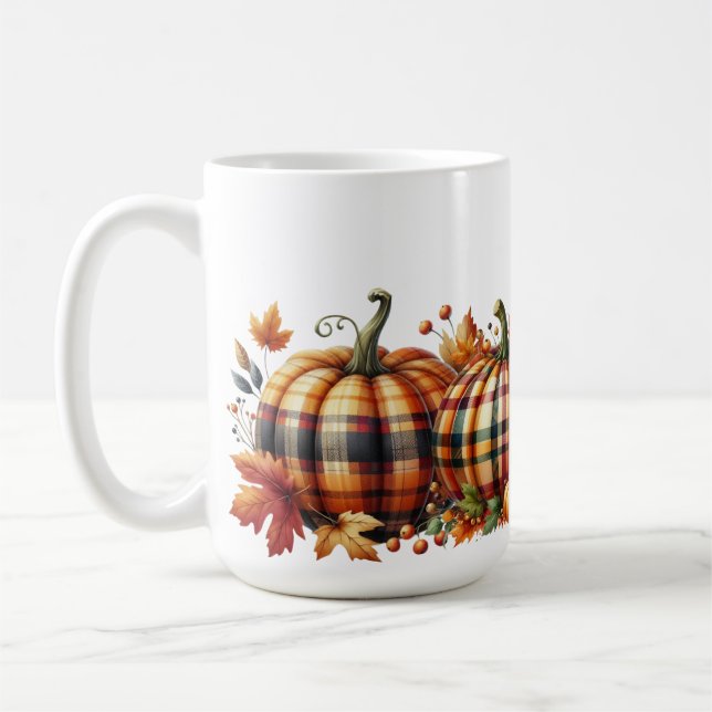 PRETTY ORANGE & GREEN PLAID FALL PUMPKINS COFFEE MUG (Left)