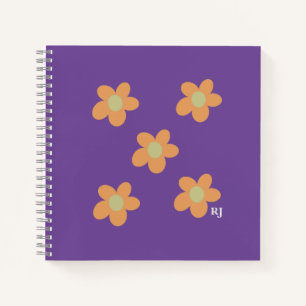 Pretty Orange Happy Flowers +Custom Initial Purple Notebook