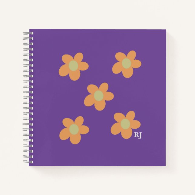 Pretty Orange Happy Flowers +Custom Initial Purple Notebook (Front)