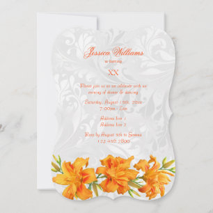 Pretty Orange Lilies & Damask Birthday Party Invitation