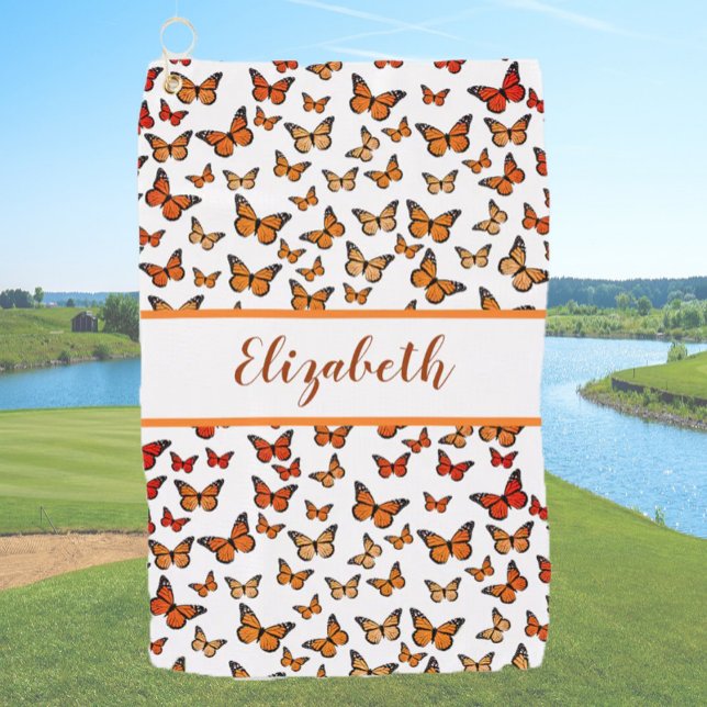 Pretty orange monarch butterfly with custom name  golf towel (Creator Uploaded)