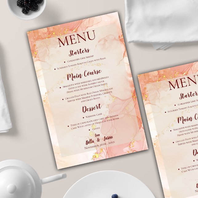 Pretty Orange Peach Gold Marble Wedding Party Menu (Pretty Orange Peach Gold Marble Wedding Party Menu)