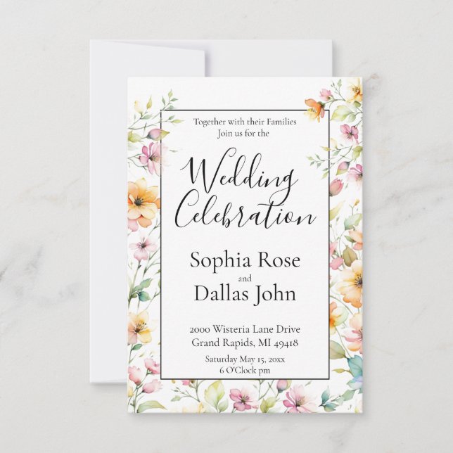 Pretty Orange Pink Watercolor Wildflowers Wedding Invitation (Front)