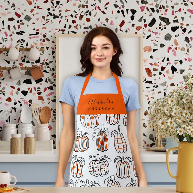 Pretty Orange Pumpkin Pattern Script Name Apron (Orange Pumpkin Pattern Script Name Monogram Chef Apron)