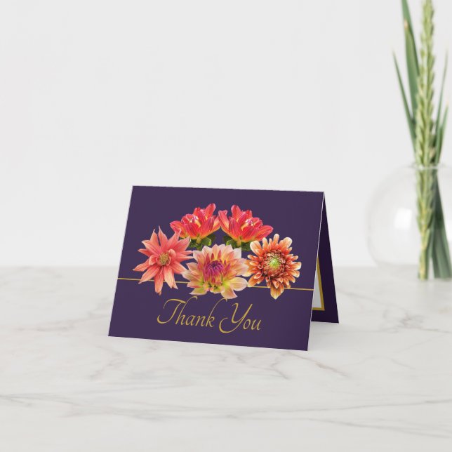 Pretty Orange/Red Dahlias Floral Bouquet Thank You Card (Front)