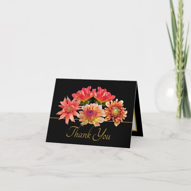 Pretty Orange/Red Dahlias Floral Bouquet Thank You Card (Front)