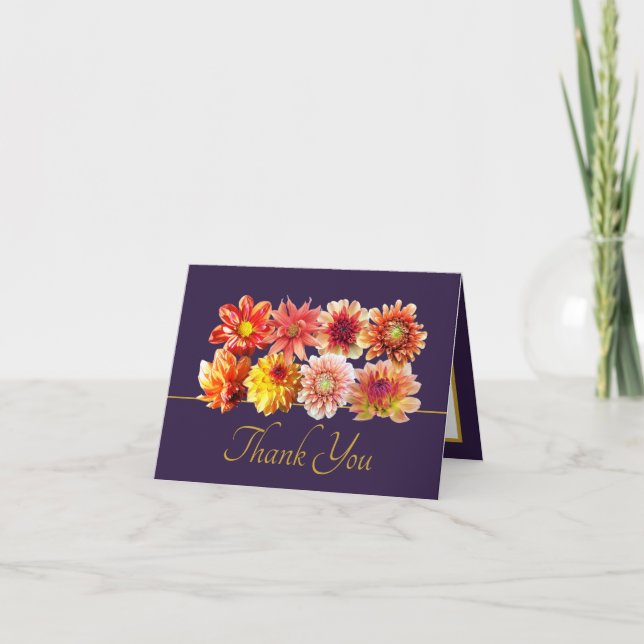 Pretty Orange/Red Dahlias Floral Bouquet Thank You Card (Front)
