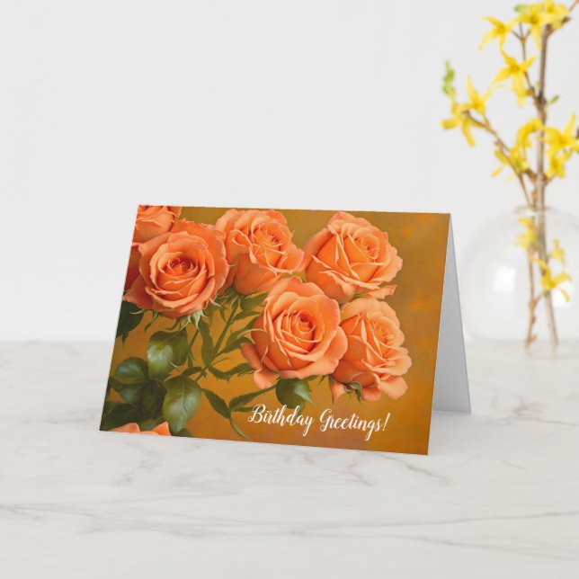 Pretty Orange Roses Art Birthday Card (Yellow Flower)