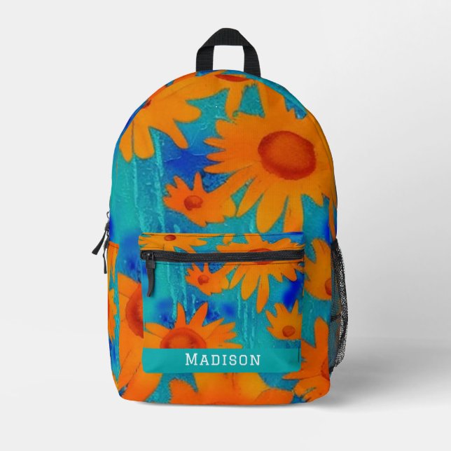 Pretty orange sunflowers with aqua blue printed backpack (Front)