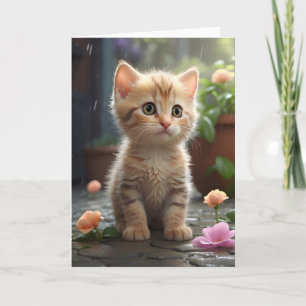 Pretty Orange Tabby Cat Sitting Among Flower Blank Card