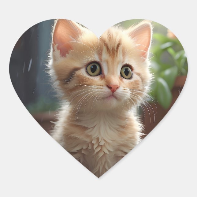 Pretty Orange Tabby Cat Sitting Among Flowers  Heart Sticker (Front)