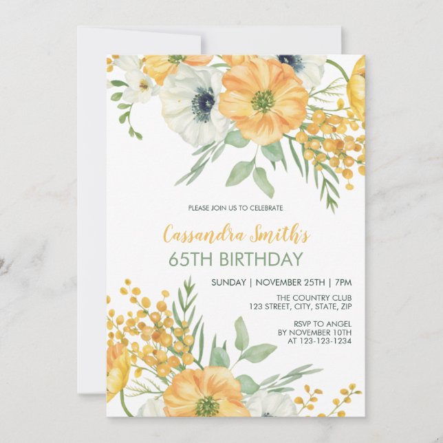 Pretty Orange & White Anemone Floral Birthday  Invitation (Front)