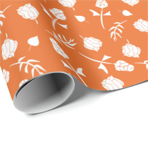 Pretty Orange White Roses Rosebud Floral Print Wrapping Paper